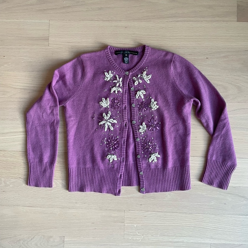 Robert Rodriguez Purple Floral Embroidered Cashmere Cardigan Sweater